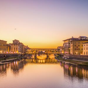 Panoramic view famous ponte vecchio with river arno sunset florence italy